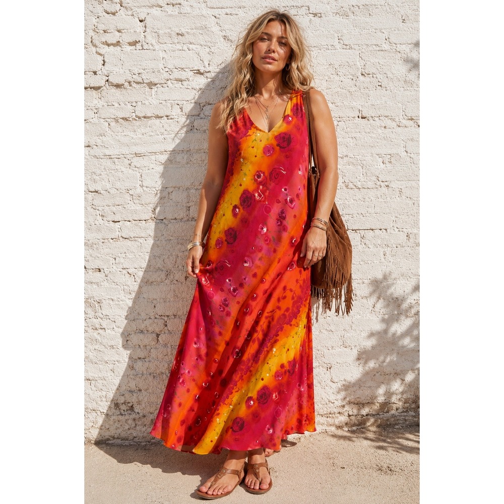 Vintage Gabrielle Orange Floral Polyester Chiffon‎ Maxi Dress Boho 90s Plus 20